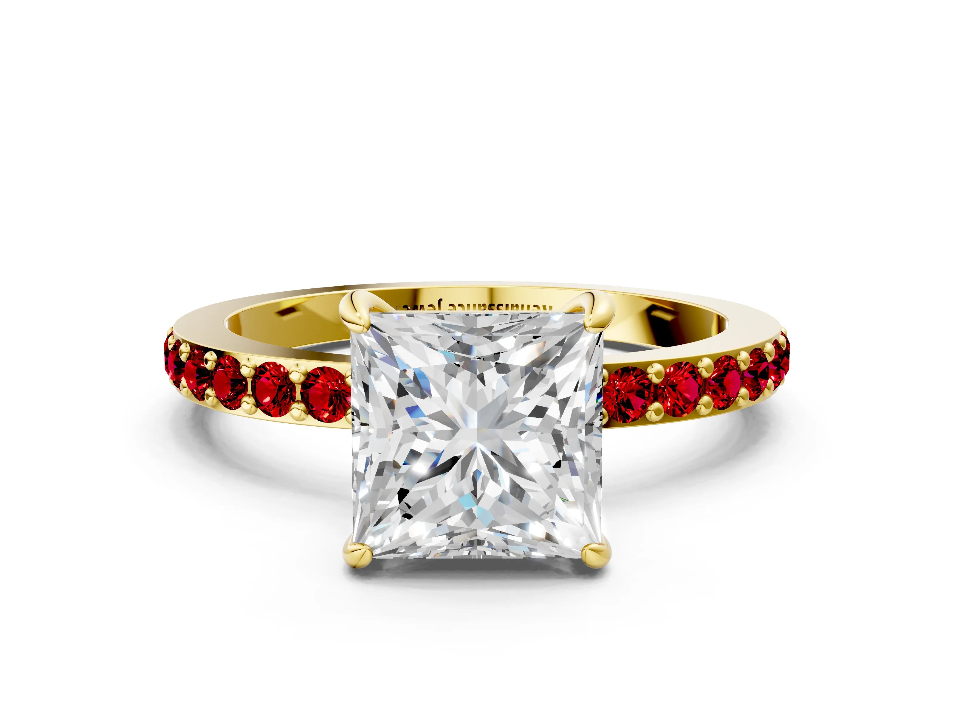 Yellow gold Princess Cut Diamond Pavé Engagement Ring with Round with Ruby side stone Accents and Prong Setting