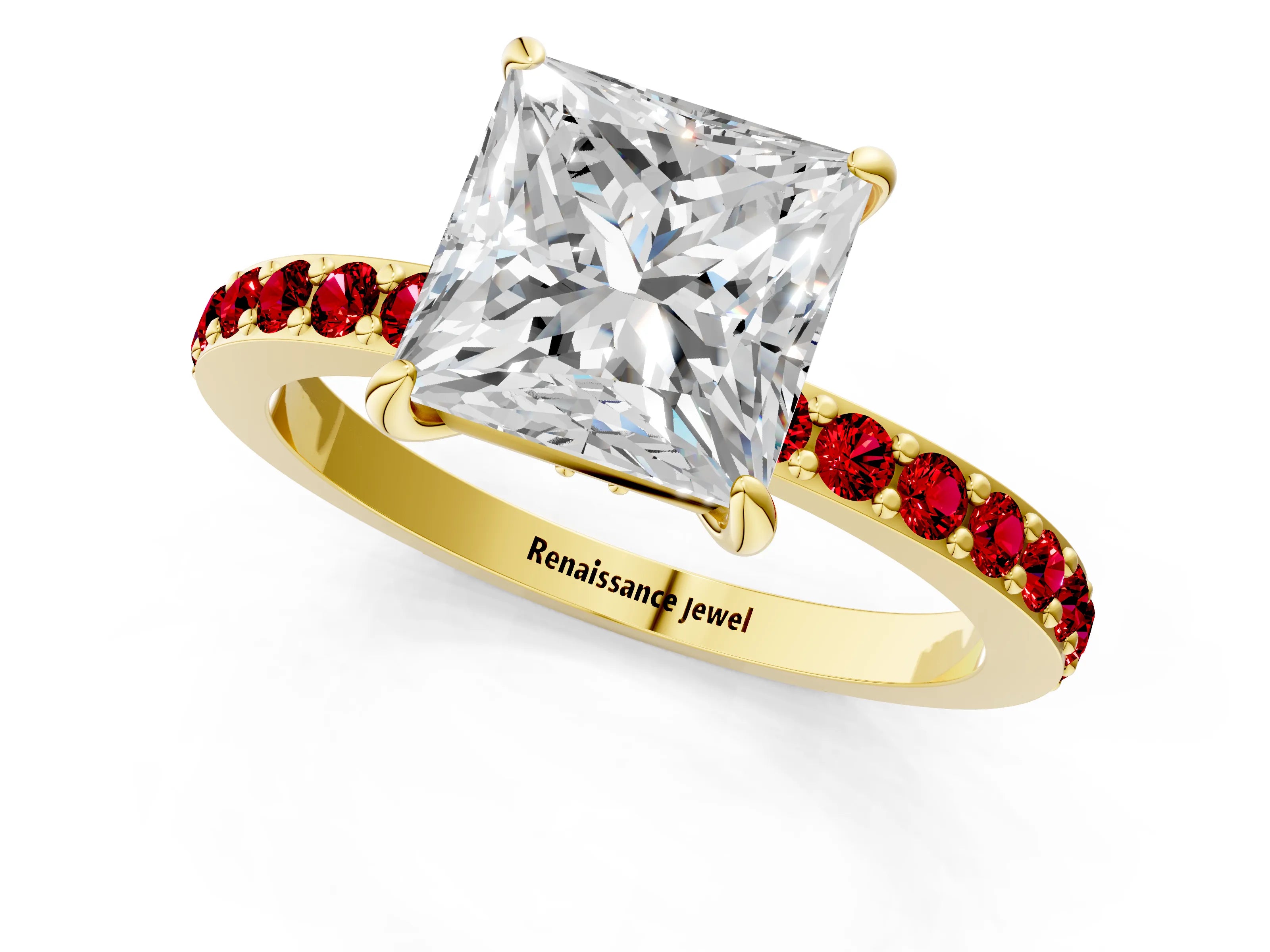 Yellow gold Princess Cut Diamond Pavé Engagement Ring with Round with Ruby side stone Accents and Prong Setting_1