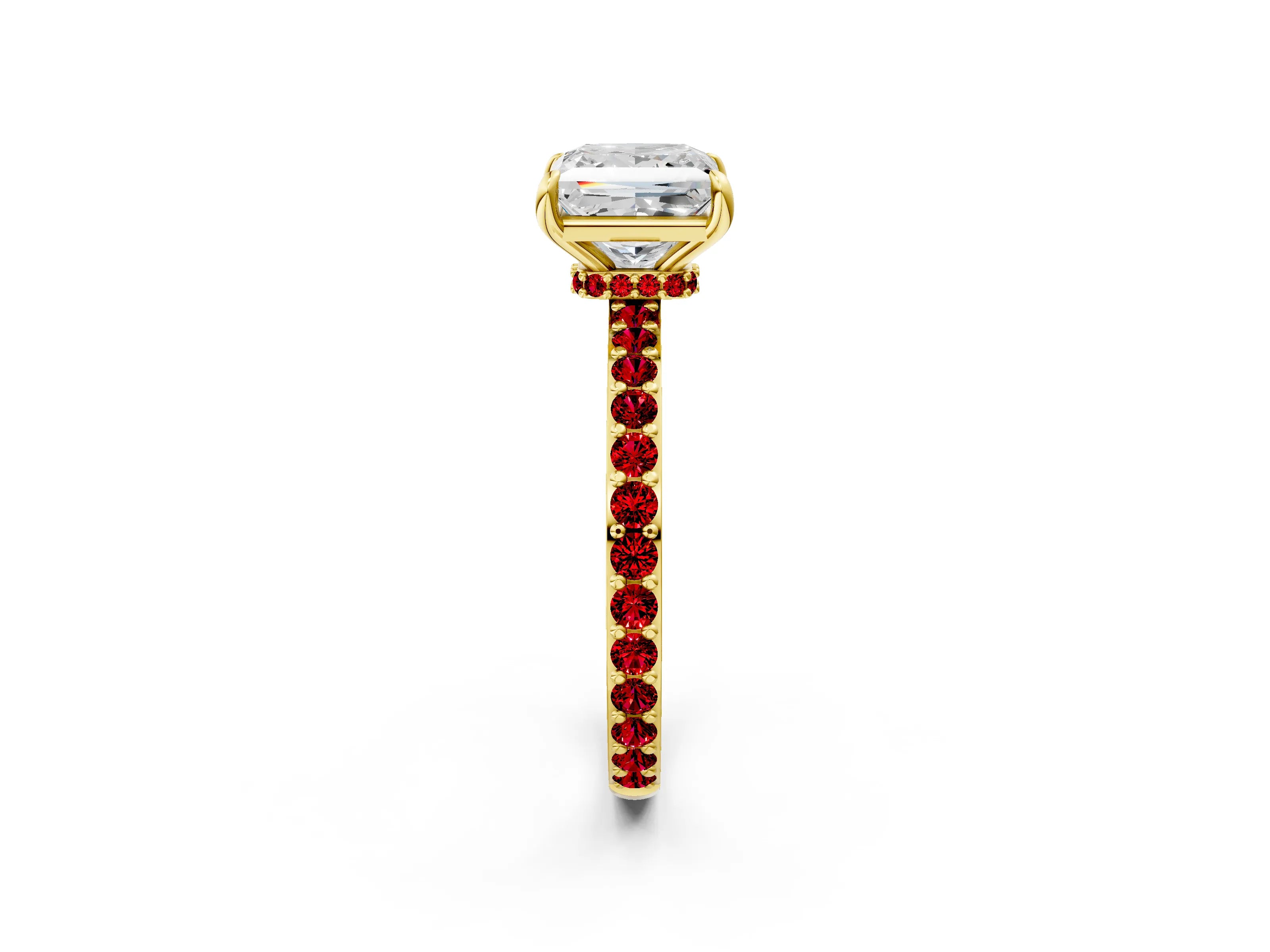 Yellow gold Princess Cut Diamond Pavé Engagement Ring with Round with Ruby side stone Accents and Prong Setting_2