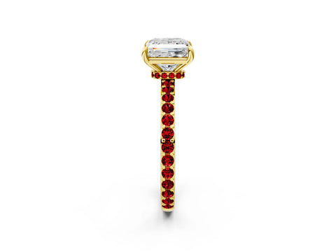 Yellow gold Princess Cut Diamond Pavé Engagement Ring with Round with Ruby side stone Accents and Prong Setting_2