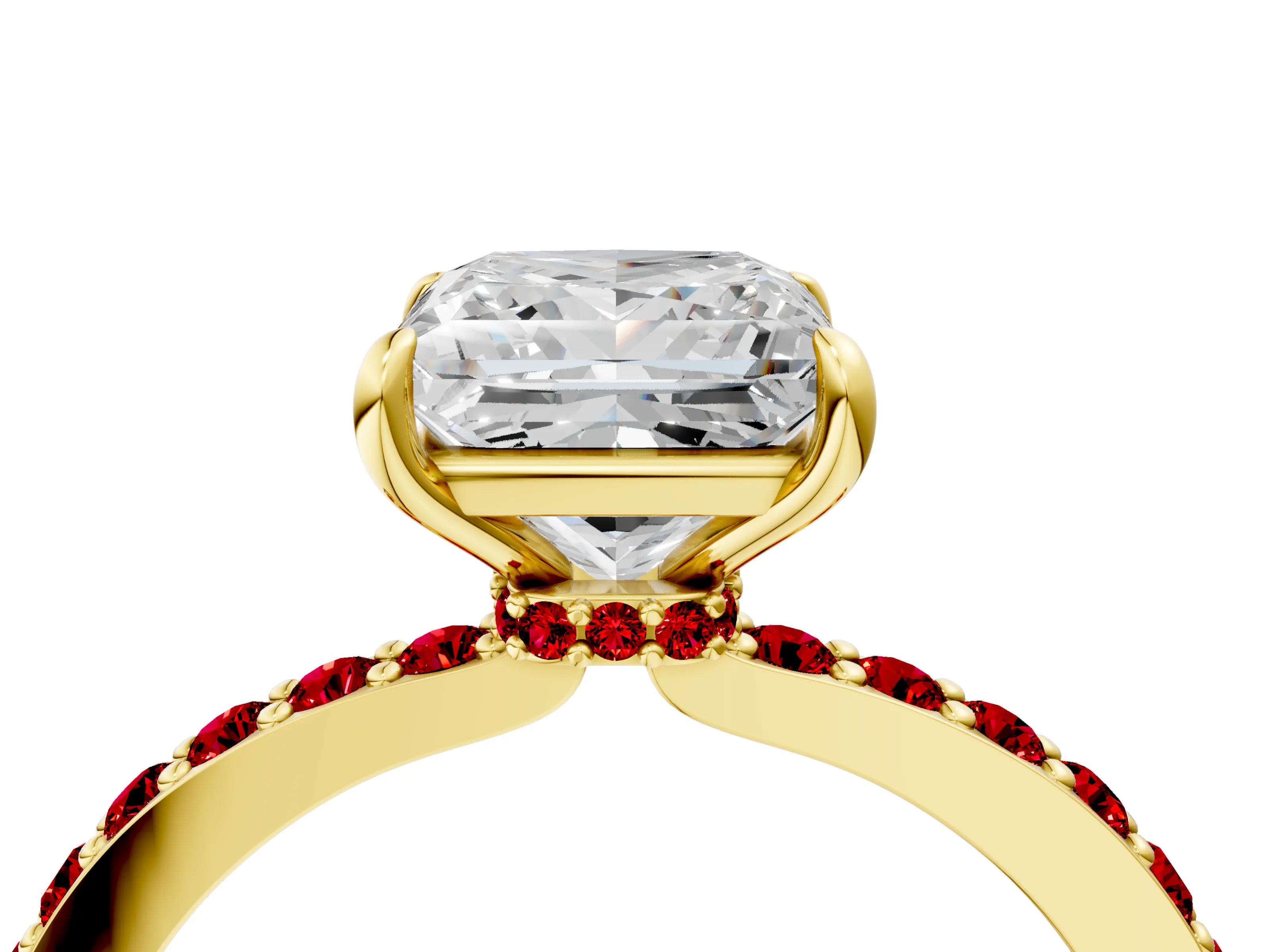 Yellow gold Princess Cut Diamond Pavé Engagement Ring with Round with Ruby side stone Accents and Prong Setting_4