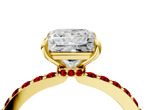 Yellow gold Princess Cut Diamond Pavé Engagement Ring with Round with Ruby side stone Accents and Prong Setting_4