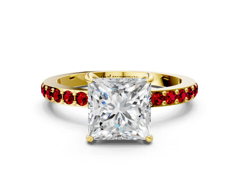 Yellow gold Princess Cut Diamond Pavé Engagement Ring with Round with Ruby side stone Accents and Prong Setting