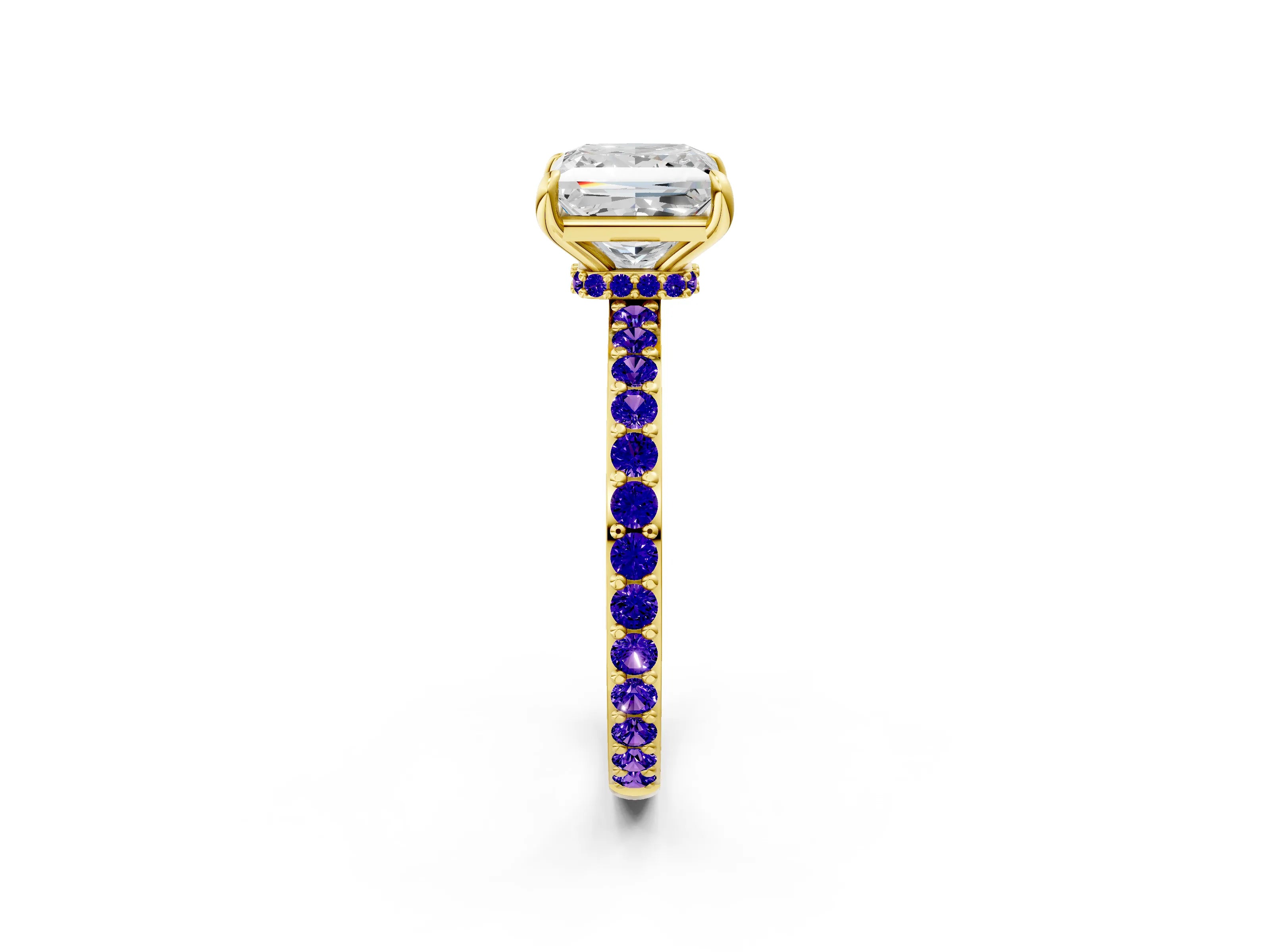 Yellow gold Princess Cut Diamond Pavé Engagement Ring with Round with Tanzanite side stone Accents and Prong Setting_2