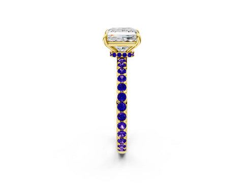 Yellow gold Princess Cut Diamond Pavé Engagement Ring with Round with Tanzanite side stone Accents and Prong Setting_2
