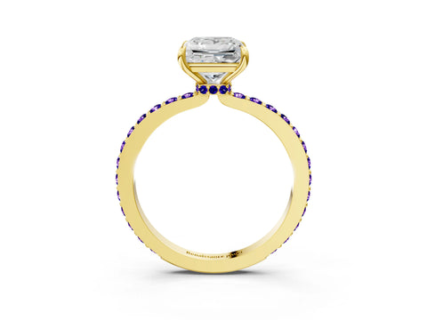 Yellow gold Princess Cut Diamond Pavé Engagement Ring with Round with Tanzanite side stone Accents and Prong Setting_3