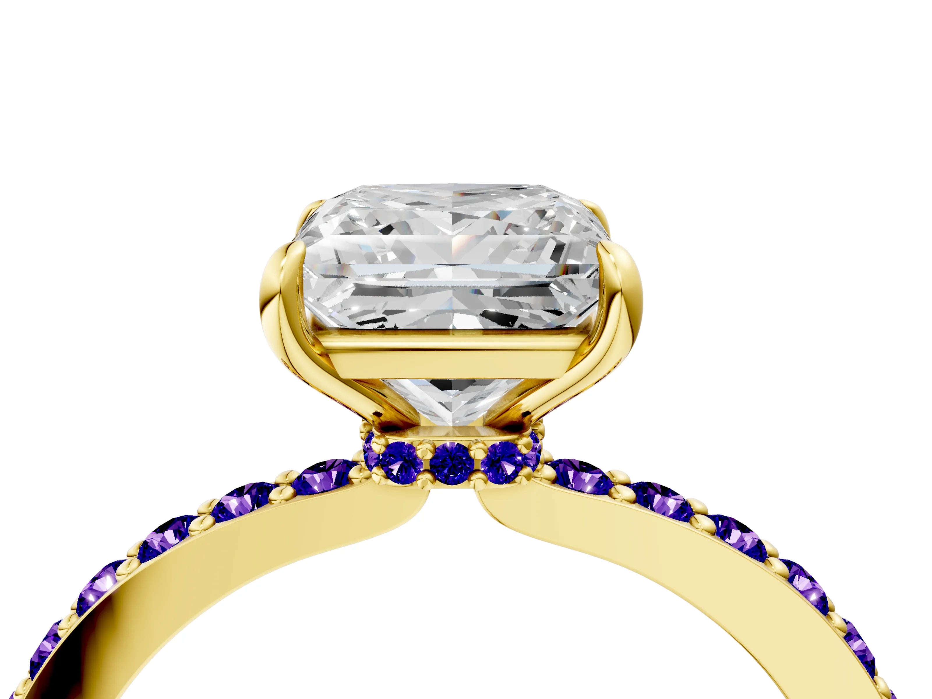 Yellow gold Princess Cut Diamond Pavé Engagement Ring with Round with Tanzanite side stone Accents and Prong Setting_4