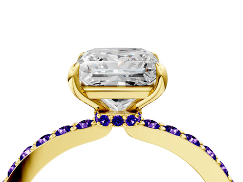 Yellow gold Princess Cut Diamond Pavé Engagement Ring with Round with Tanzanite side stone Accents and Prong Setting_4