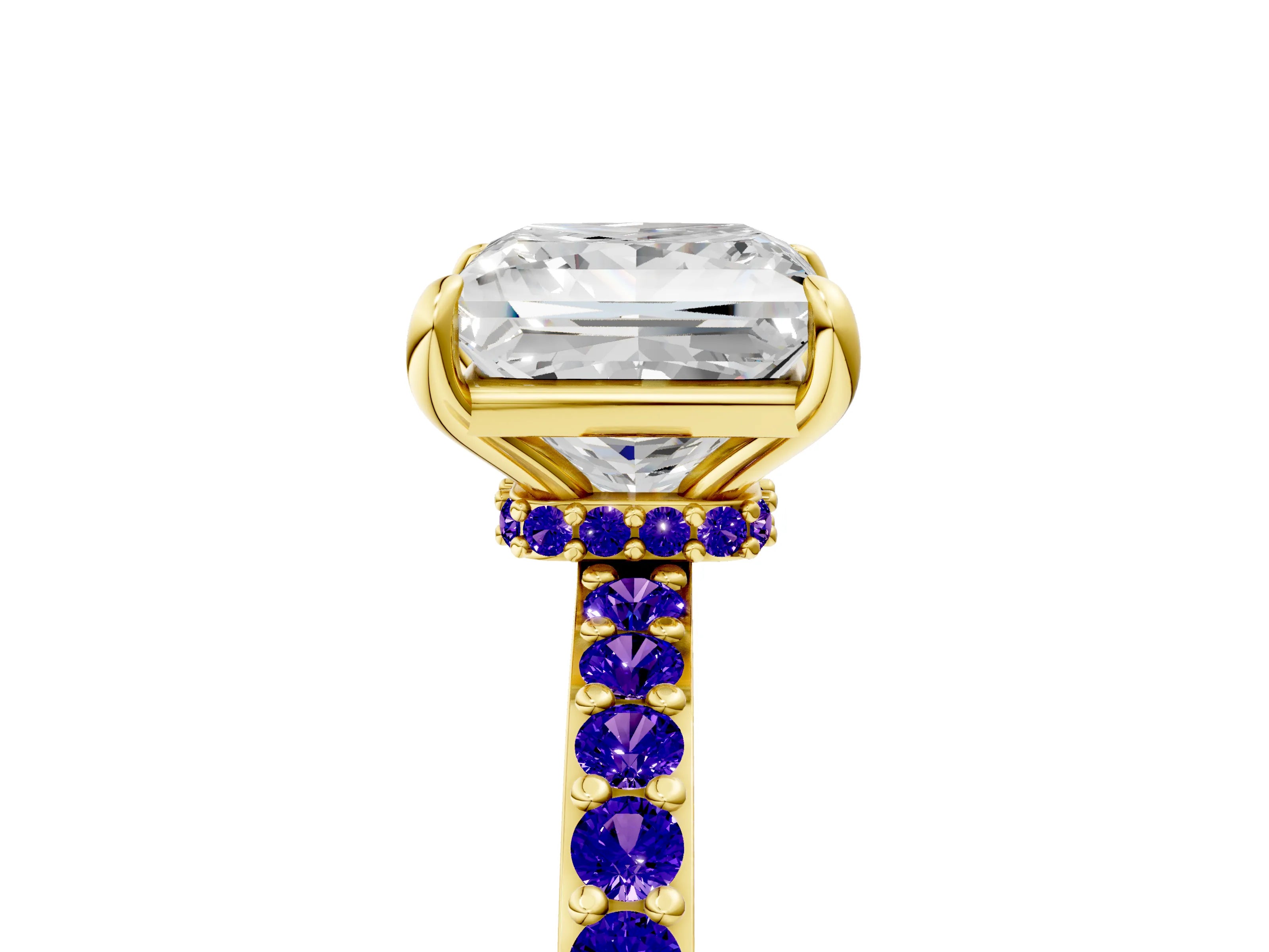 Yellow gold Princess Cut Diamond Pavé Engagement Ring with Round with Tanzanite side stone Accents and Prong Setting_5