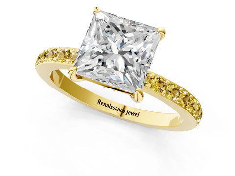 Yellow gold Princess Cut Diamond Pavé Engagement Ring with Round with Yellow Sapphire side stone Accents and Prong Setting_1