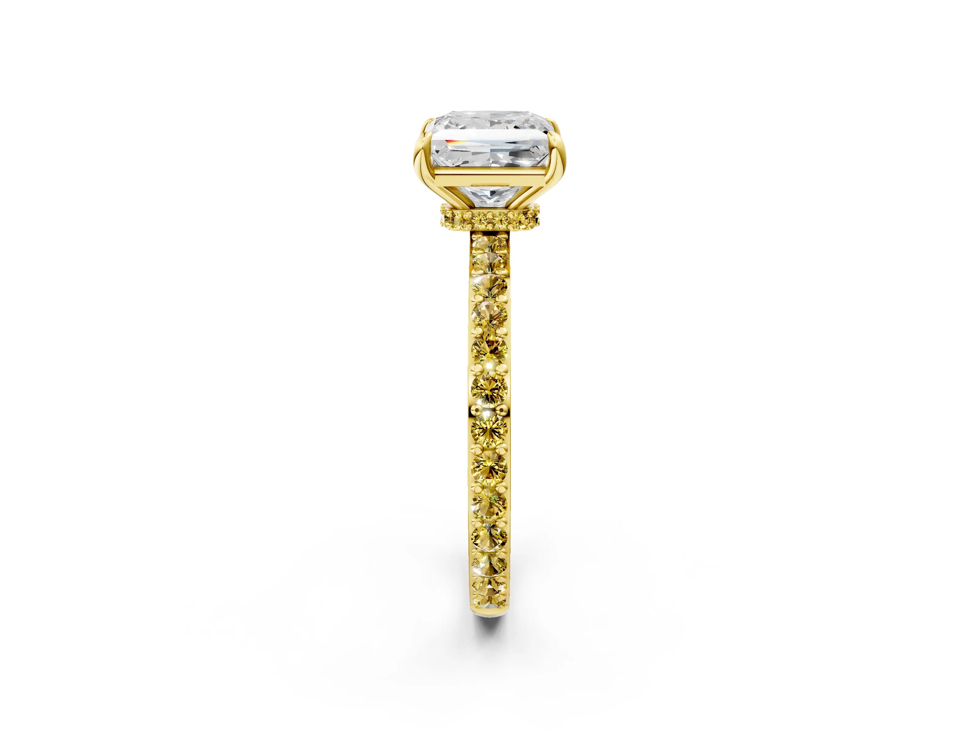Yellow gold Princess Cut Diamond Pavé Engagement Ring with Round with Yellow Sapphire side stone Accents and Prong Setting_2
