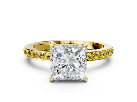 Yellow gold Princess Cut Diamond Pavé Engagement Ring with Round with Yellow Sapphire side stone Accents and Prong Setting