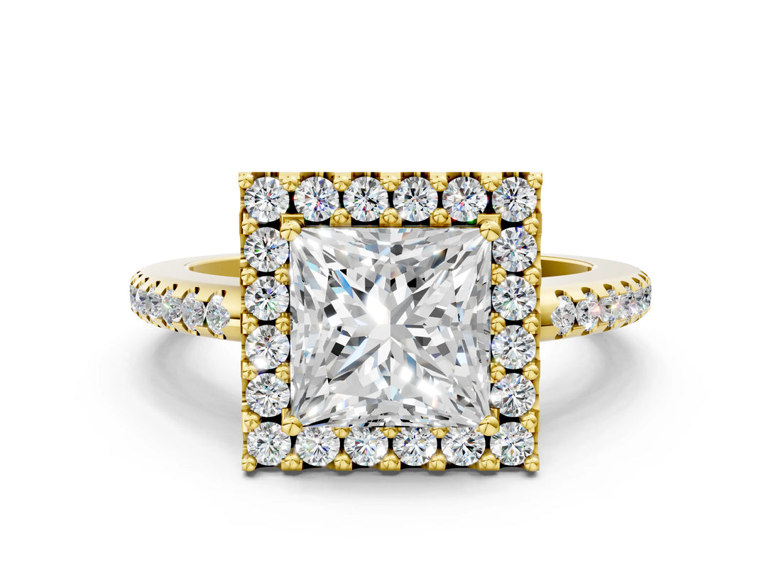 Yellow gold Princess Cut Diamond Pavé Halo Ring with Four-Prong Setting_33