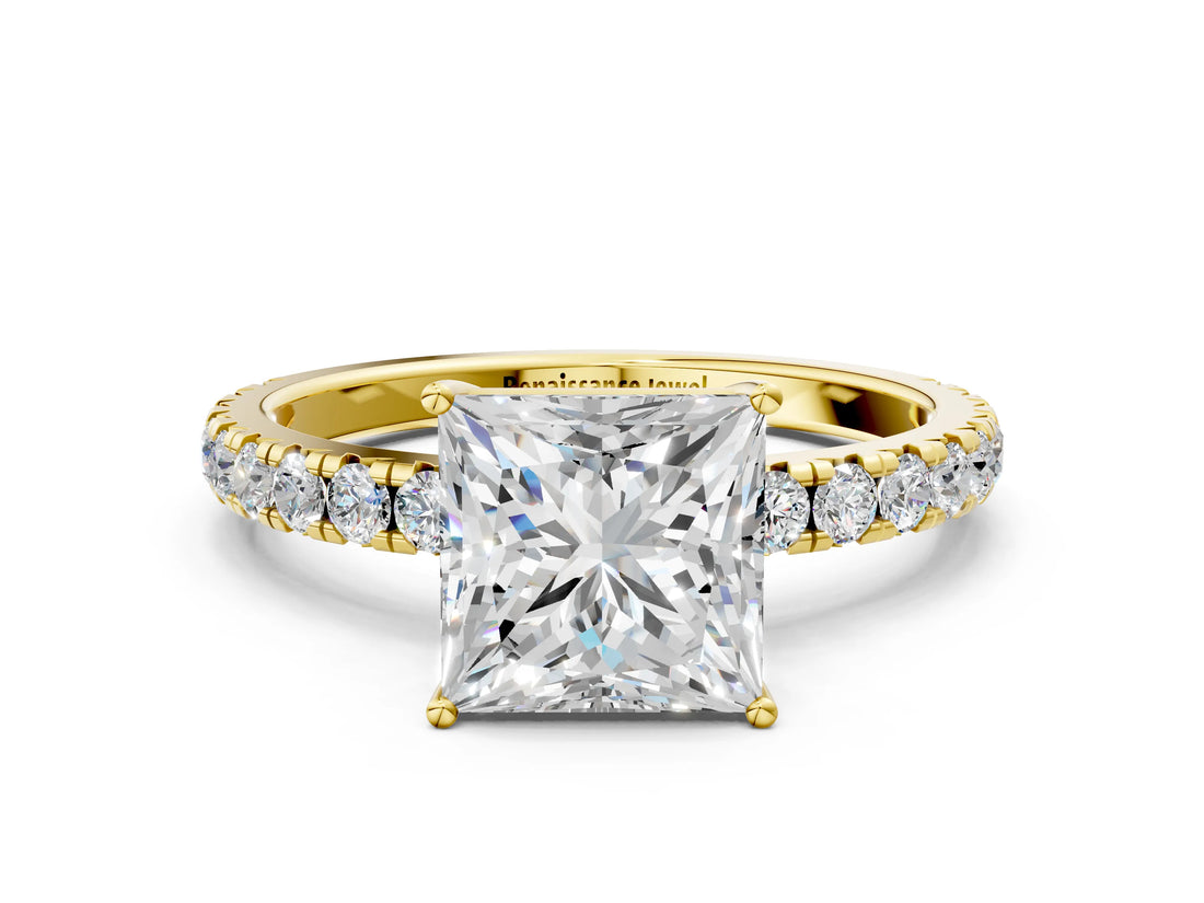 Yellow gold Princess Cut Diamond Pavé Solitaire Engagement Ring with Four-Prong Setting_76