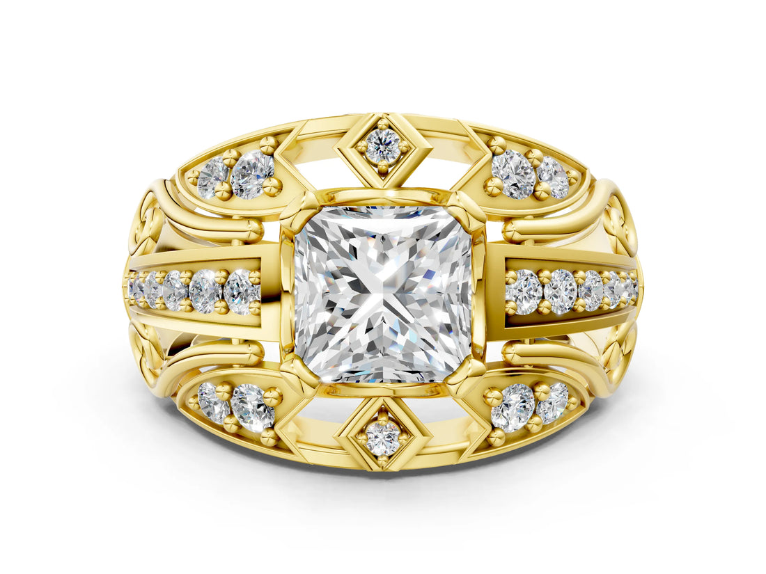 Yellow gold Princess Cut Diamond Pave Art Deco Split Shank Ring with Four-Prong Setting_21