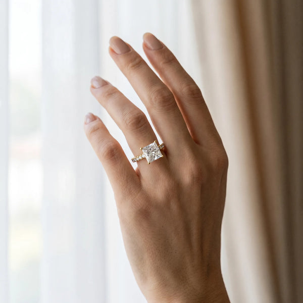 Yellow gold Princess Cut Diamond Pave Band Solitaire Ring with Round  and Prong Setting