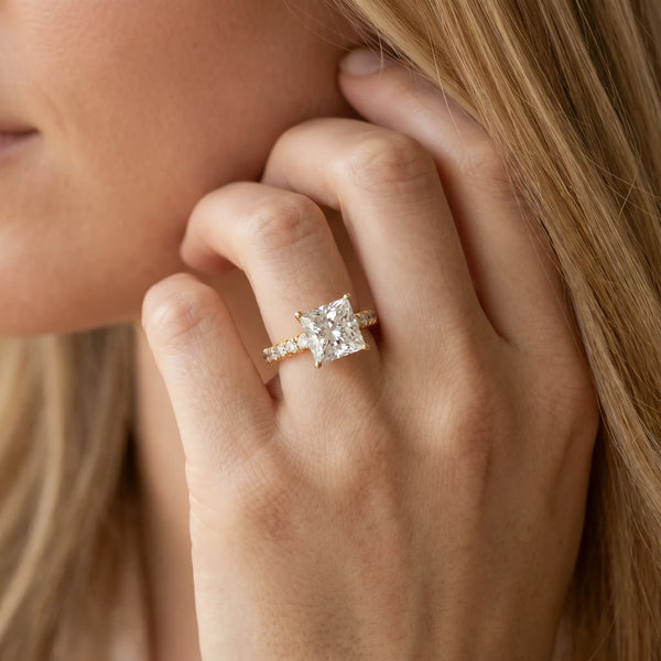 Yellow gold Princess Cut Diamond Pave Band Solitaire Ring with Round  and Prong Setting