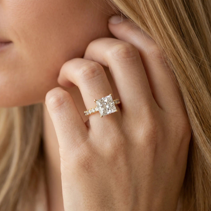 Yellow gold Princess Cut Diamond Pave Band Solitaire Ring with Round  and Prong Setting