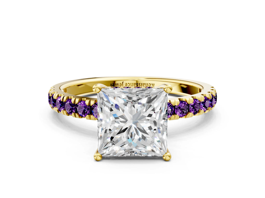 Yellow gold Princess Cut Diamond Pave Band Solitaire Ring with Round with Amethyst side stone and Prong Setting