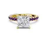 Yellow gold Princess Cut Diamond Pave Band Solitaire Ring with Round with Amethyst side stone and Prong Setting