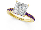 Yellow gold Princess Cut Diamond Pave Band Solitaire Ring with Round with Amethyst side stone and Prong Setting_1