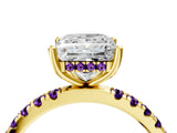 Yellow gold Princess Cut Diamond Pave Band Solitaire Ring with Round with Amethyst side stone and Prong Setting_4