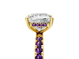 Yellow gold Princess Cut Diamond Pave Band Solitaire Ring with Round with Amethyst side stone and Prong Setting_5