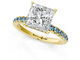 Yellow gold Princess Cut Diamond Pave Band Solitaire Ring with Round with Aquamarine side stone and Prong Setting_13