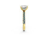 Yellow gold Princess Cut Diamond Pave Band Solitaire Ring with Round with Aquamarine side stone and Prong Setting_14