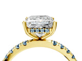 Yellow gold Princess Cut Diamond Pave Band Solitaire Ring with Round with Aquamarine side stone and Prong Setting_16
