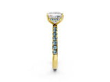 Yellow gold Princess Cut Diamond Pave Band Solitaire Ring with Round with Aquamarine side stone and Prong Setting_2