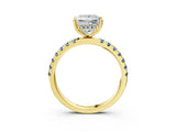 Yellow gold Princess Cut Diamond Pave Band Solitaire Ring with Round with Aquamarine side stone and Prong Setting_3