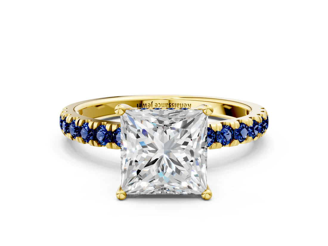 Yellow gold Princess Cut Diamond Pave Band Solitaire Ring with Round with Blue Sapphire side stone and Prong Setting_12