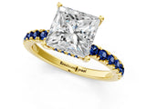 Yellow gold Princess Cut Diamond Pave Band Solitaire Ring with Round with Blue Sapphire side stone and Prong Setting_13