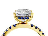 Yellow gold Princess Cut Diamond Pave Band Solitaire Ring with Round with Blue Sapphire side stone and Prong Setting_16