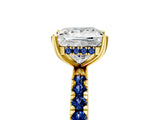 Yellow gold Princess Cut Diamond Pave Band Solitaire Ring with Round with Blue Sapphire side stone and Prong Setting_17