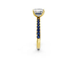Yellow gold Princess Cut Diamond Pave Band Solitaire Ring with Round with Blue Sapphire side stone and Prong Setting_2