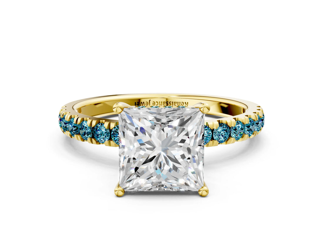 Yellow gold Princess Cut Diamond Pave Band Solitaire Ring with Round with Blue Topaz side stone and Prong Setting_12