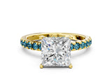 Yellow gold Princess Cut Diamond Pave Band Solitaire Ring with Round with Blue Topaz side stone and Prong Setting_12