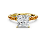 Yellow gold Princess Cut Diamond Pave Band Solitaire Ring with Round with Citrine side stone and Prong Setting