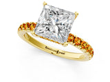 Yellow gold Princess Cut Diamond Pave Band Solitaire Ring with Round with Citrine side stone and Prong Setting_1