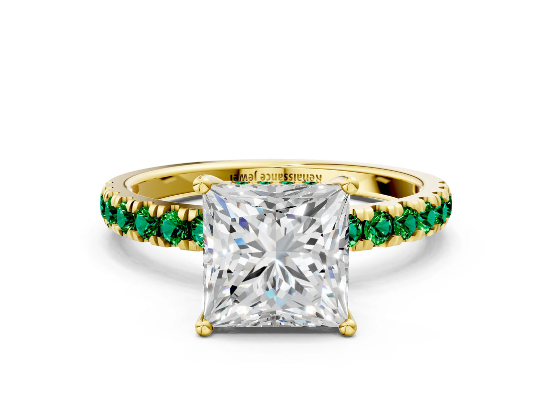 Yellow gold Princess Cut Diamond Pave Band Solitaire Ring with Round with Emerald side stone and Prong Setting