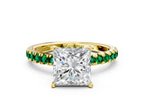 Yellow gold Princess Cut Diamond Pave Band Solitaire Ring with Round with Emerald side stone and Prong Setting
