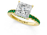 Yellow gold Princess Cut Diamond Pave Band Solitaire Ring with Round with Emerald side stone and Prong Setting_1