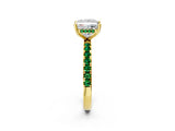 Yellow gold Princess Cut Diamond Pave Band Solitaire Ring with Round with Emerald side stone and Prong Setting_2