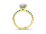 Yellow gold Princess Cut Diamond Pave Band Solitaire Ring with Round with Emerald side stone and Prong Setting_3