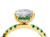 Yellow gold Princess Cut Diamond Pave Band Solitaire Ring with Round with Emerald side stone and Prong Setting_4