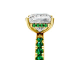 Yellow gold Princess Cut Diamond Pave Band Solitaire Ring with Round with Emerald side stone and Prong Setting_5