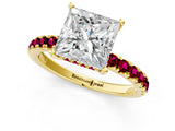 Yellow gold Princess Cut Diamond Pave Band Solitaire Ring with Round with Garnet side stone and Prong Setting_13
