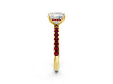 Yellow gold Princess Cut Diamond Pave Band Solitaire Ring with Round with Garnet side stone and Prong Setting_14